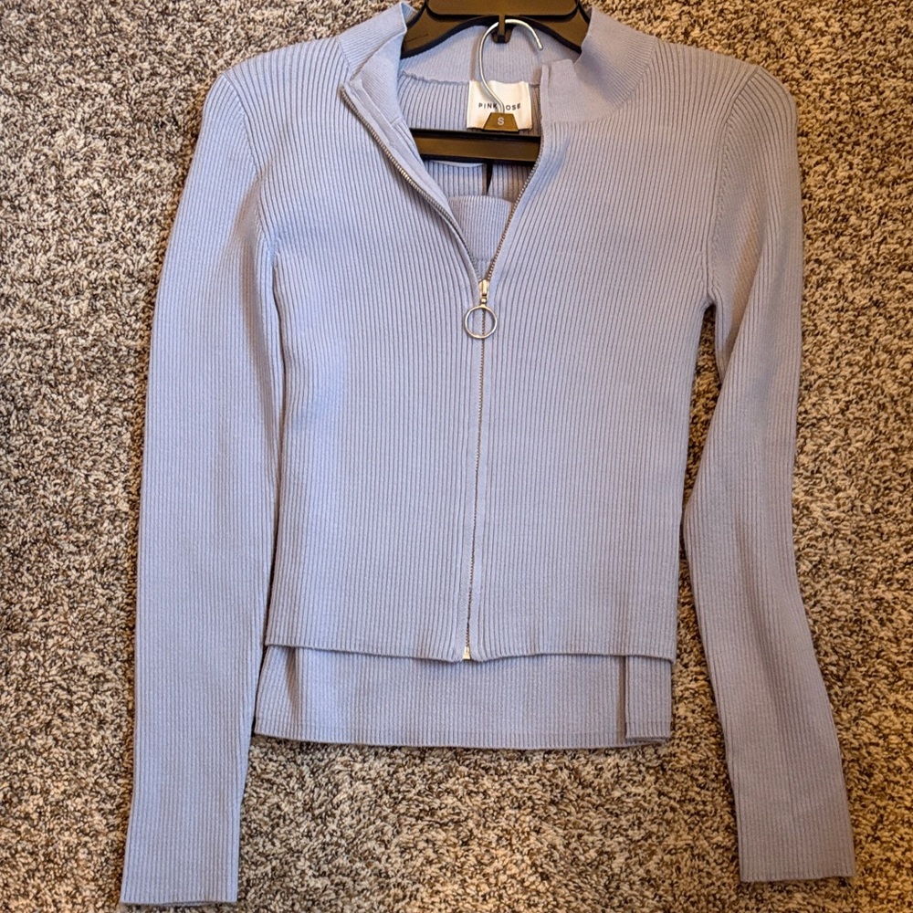 Pink Rose Light Blue Ribbed Zip-Up Sweater and Skirt 2 Piece set